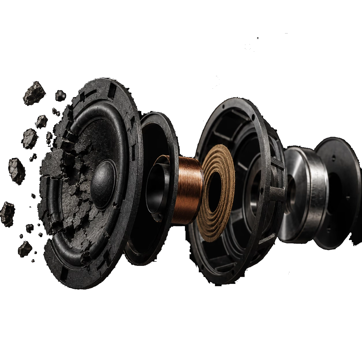 Exploded view of a speaker showing the internal components VolumeMax's Smart Protection shields from damage